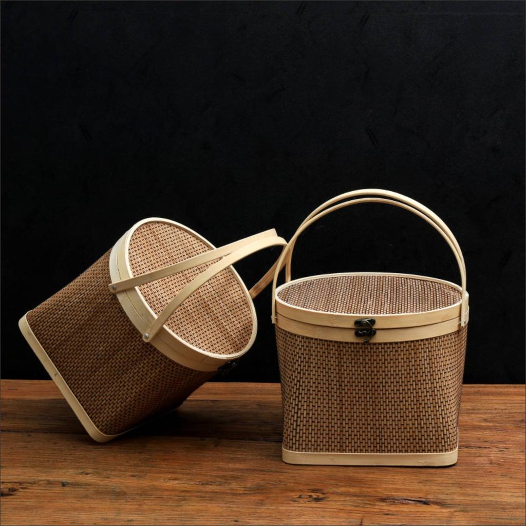 Round Top Square Bottom Basket Handwoven Antique Design Bamboo Container Woven Bamboo Basket with Lid for Holiday Gifts