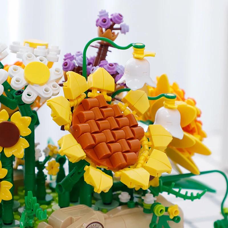 Rose Flower Basket Bouquet Building Kit Bonsai Sunflowers Building Blocks Set Blossoms Moc Bricks Puzzle Kids Toys Girls Gifts
