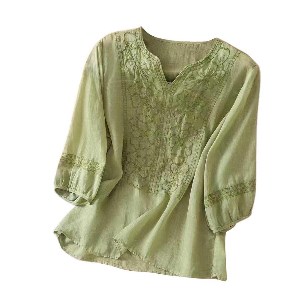 Fashion Women's Shirt Five-quarter Sleeve Spring And Summer Loose Top Embroidered Shirt