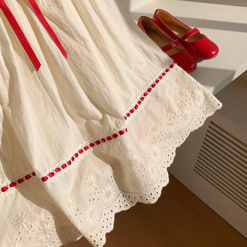 Dress Korean Lace Summer Round Neck Lace Cute and Sweet Buttful Knot Princess Dress Kids Clothes Girls