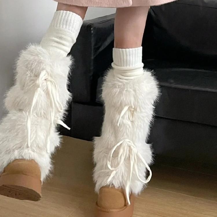 Dámské chlupaté bílé návleky na nohy Ponožky Harajuku Mašle s uzlem Kryty na legíny a boty