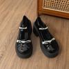 Black ballet style round head shallow mouth thick high heel single shoes women's summer 2025 new versatile soft sole French Mary Jane shoes