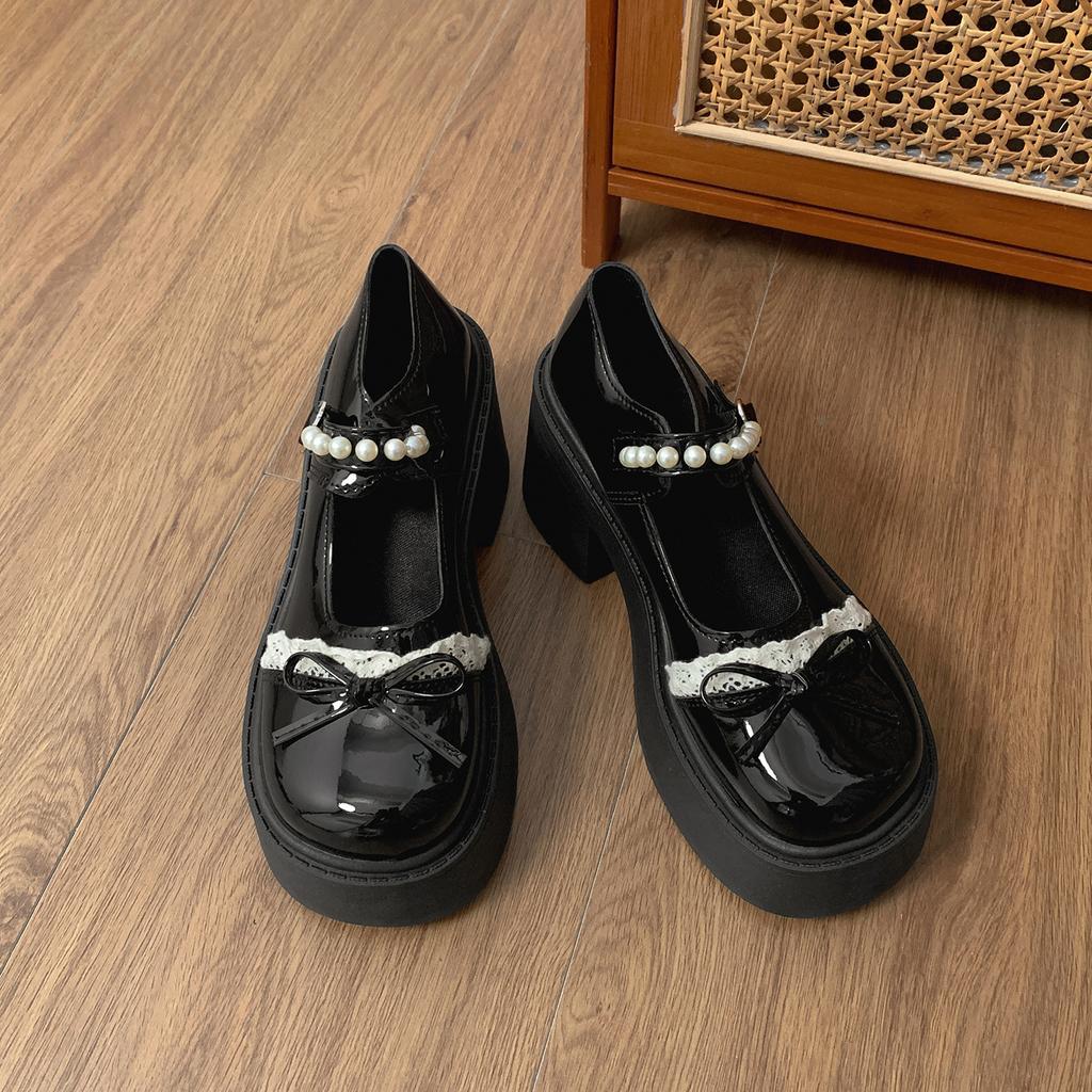 Black ballet style round head shallow mouth thick high heel single shoes women's summer 2025 new versatile soft sole French Mary Jane shoes