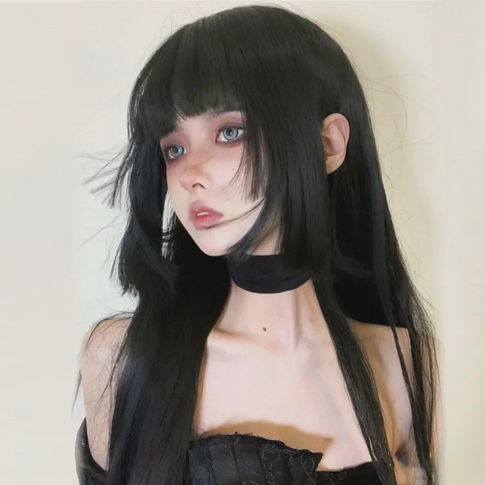 "Japanese Lolita Princess Cut Black Long Straight Wig for Women"