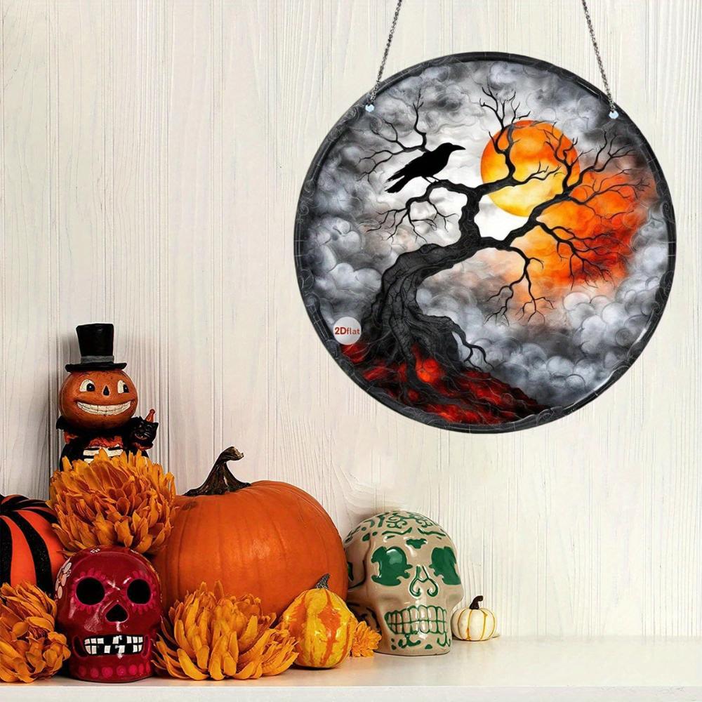 Catcher dei sogni rotondo in acrilico retrò 2D per Halloween - motivo pipistrello/corvo/gatto nero decorazione per finestra, decorazione per la casa horror da interni ed esterni