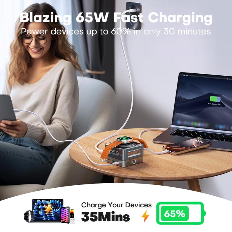 QOOVI 7 in 1 GaN 65W USB Type C Charger Station Fast Charging PD3.0 PPS Wireless Charge For iPhone iWatch Laptop iPad Samsung
