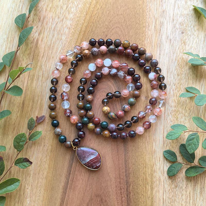 Ocean Onyx,Smokey Quartz,Garnet,Red Fire Quartz Mala Necklace,108 HandKnotted Meditation Necklace,Healing Crystals,Yoga Gift