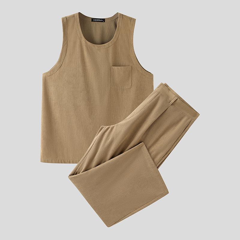 

INCERUN Men Sets Two Pieces Sleeveless Tank Tops Long Pants Sets Outfits 5XL хаки