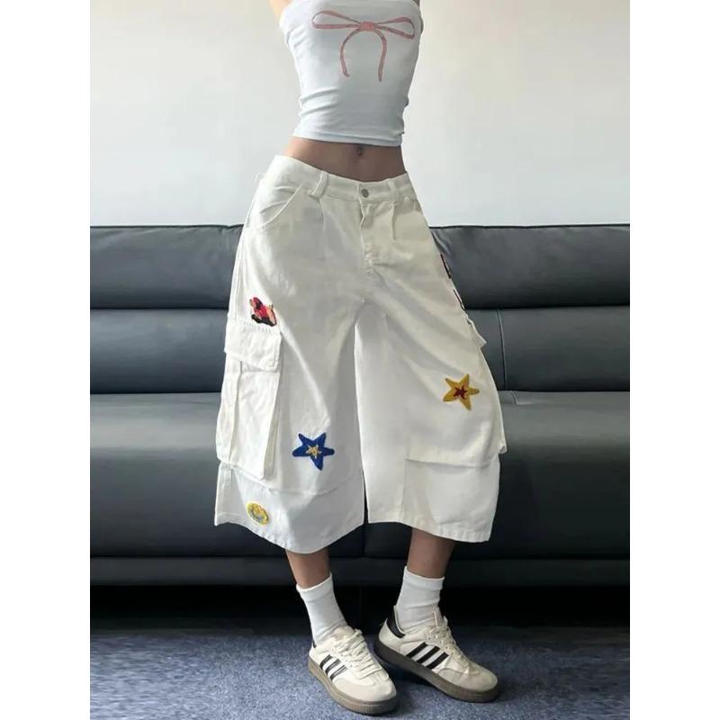 

Women s White Cargo Mid-Length Pants Loose Wide-Leg with Embroidered Star Cartoon Decor S белый