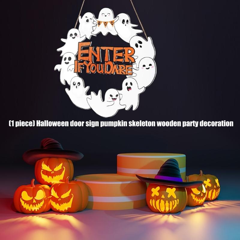 Handcrafted Wooden Halloween Door Hanger With Spooky Skeleton And Pumpkin Artwork Holiday Wooden Signboard