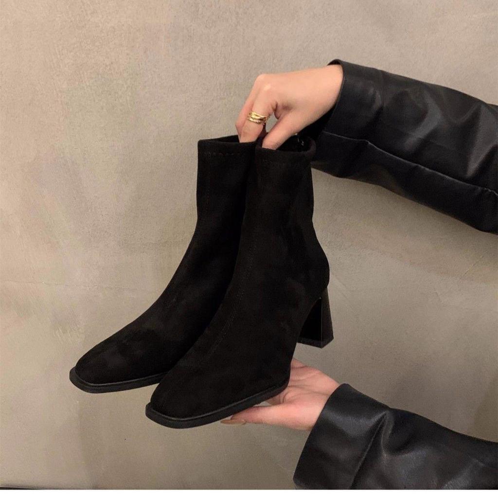 2025 Korean Style Suede Ankle Boots: Women's High Heel, Square Toe, Velvet Lined, Autumn/Winter Slimming Martin Boots
