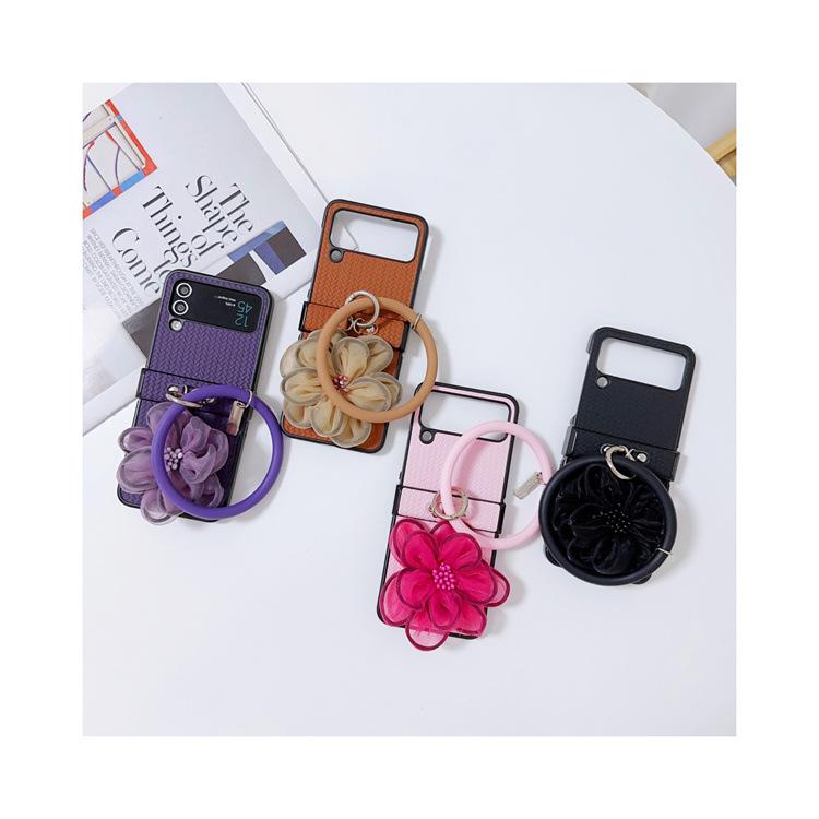 Applicable To Samsung ZFlip5 Mobile Phone Case Straw Mat Pattern Leather Case Flower Portable Hanging Ring Zflip4 Folding Protective Case