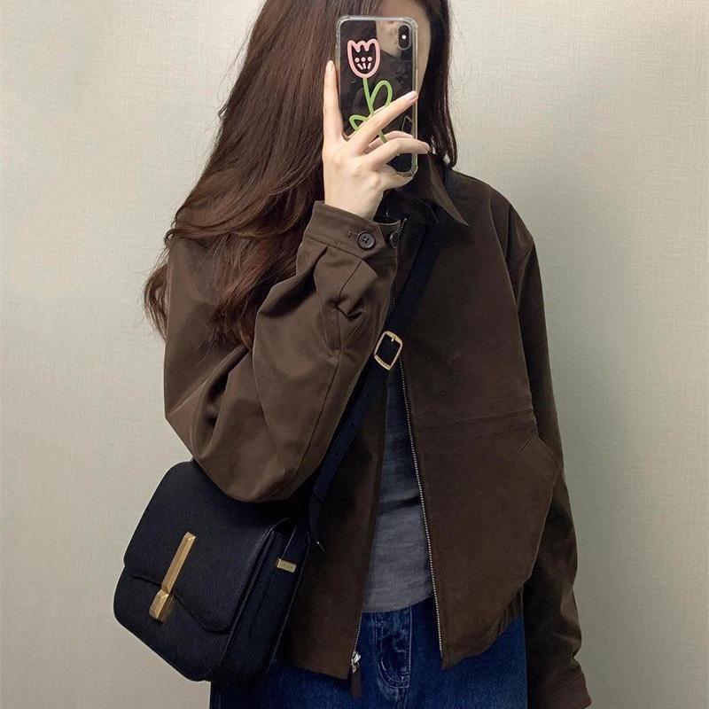 2025 Autumn/Winter Women's Coffee Zipper Cardigan Motorcycle Jacket