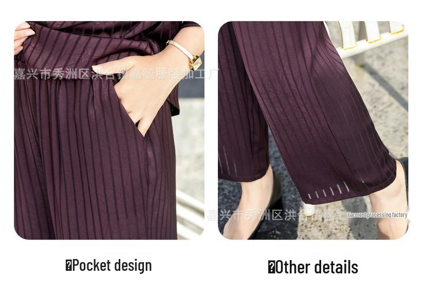 Elegant Summer Two-Piece Set: Wide-Leg Pants & Top for Middle-Aged Women