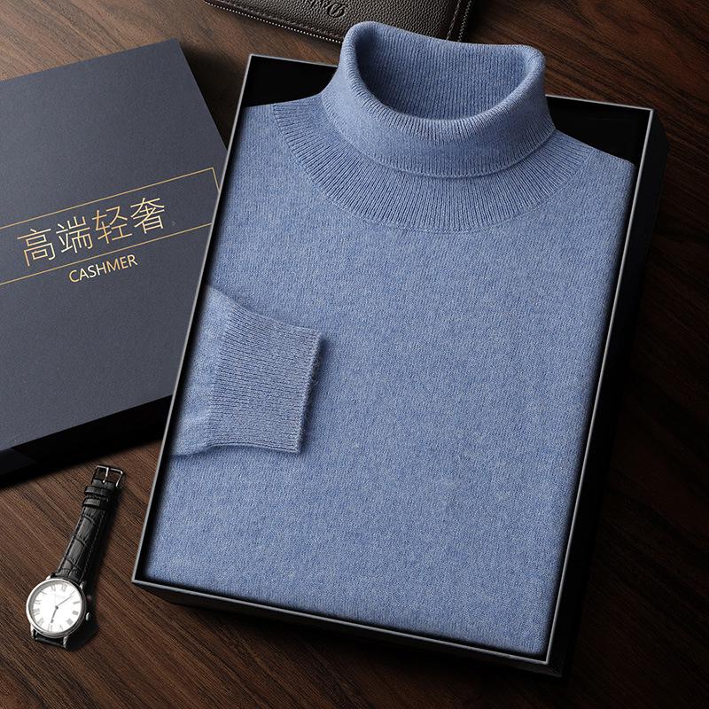 Men's High Neck Cashmere Sweater - Solid Color, Long Sleeve Knitwear for Casual and Business Wear