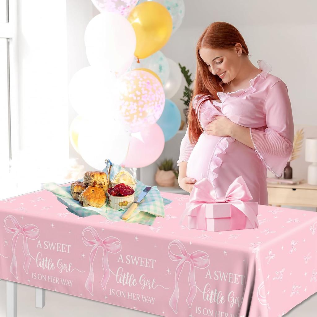 2Pcs A Sweet Little Girl is on Her Way Tablecloths,Pink Bow Baby Shower Decorations Coquette Bow Plastic Table Cover Pink Bow Birthday Party