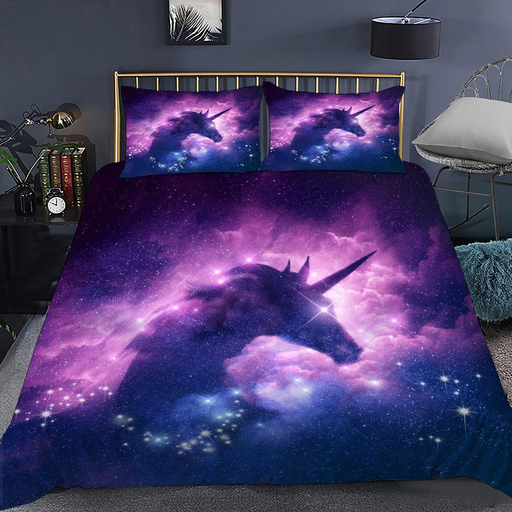 Unicorn Duvet Cover Purple Pink Cartoon Dream Comforter Cover Set Women Stars Rainbow Rhinestone Bedding Set For Teenage Girls