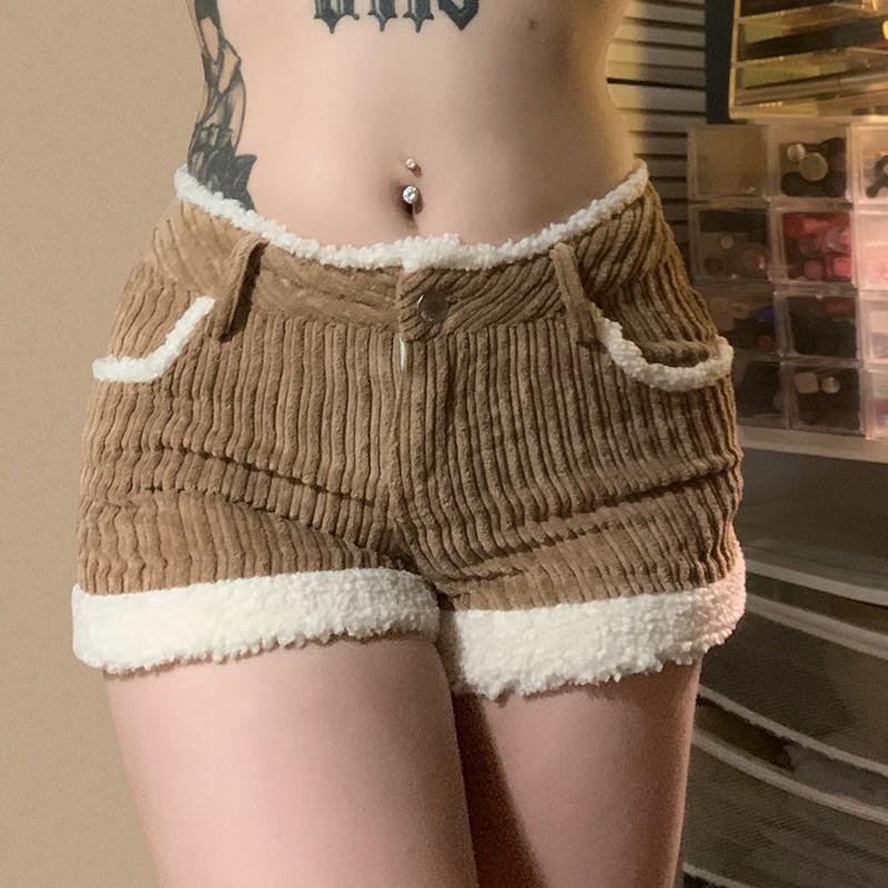 Dámské manšestrové šortky s proužky, s kožešinovým prošíváním v kolizních barvách, univerzální, s nízkým pasem, slim fit, pro pikantní dívku