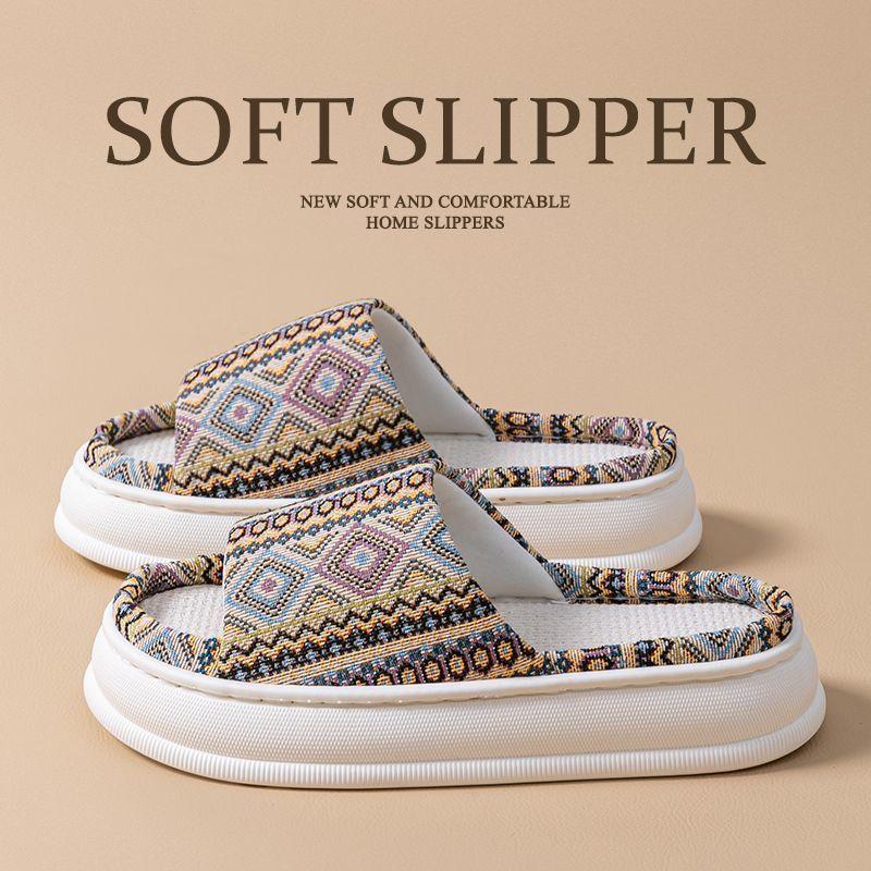 Ethnic style linen slippers home summer women's indoor household wooden floor non-slip breathable fabric cool slippers men