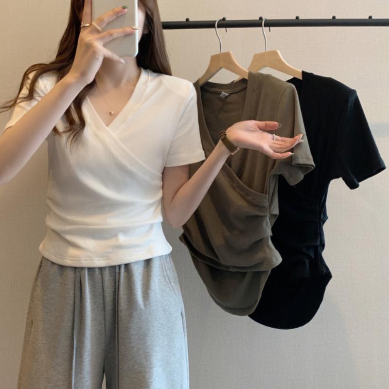 GMXIA Cross V-neck Short-sleeved T-shirt Women Summer Design Sense Slim Thin Short Slim Tops