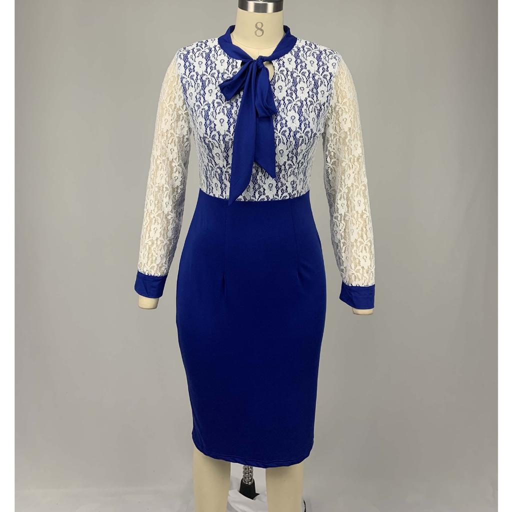 Plus Size Women's Lace Long Sleeve Bodycon Dress Elegant High Waist Patchwork Midi Office Dress