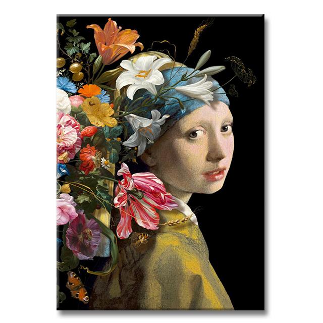 

Винтажная Знаменитая Картина Девушка с Жемчугом Цветы Холст Постер Мона Лиза с Цветами Картина Куадрос Настенное Искусство Домашний Декор 21x30cm No Framed