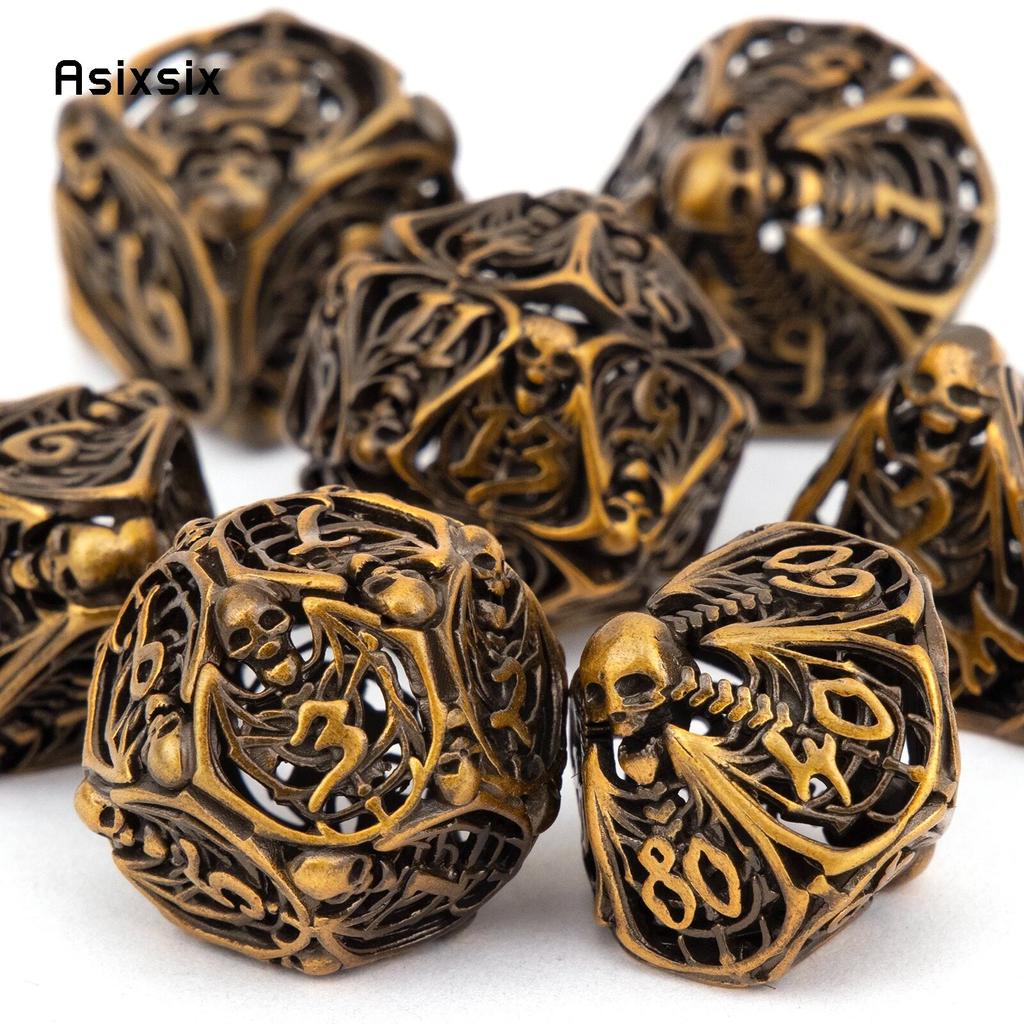 7 Pcs Orange Skull Metal Dice Hollow Metal Polyhedral Dice Set Suitable for Role-Playing RPG  Board Game Card Game