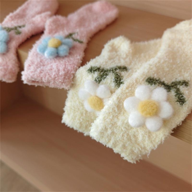 Japanese Women Girl Cute Coral Fleece Slipper Socks 3D Plush Flower Thicken Warm Thermal Fuzzy Floor Sleeping Socks