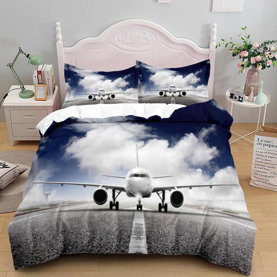 Comforter 3D Airplane King Queen Blue Sky Aviation Aircraft Runway Bedding Set Modern Transport 2/3Pcs