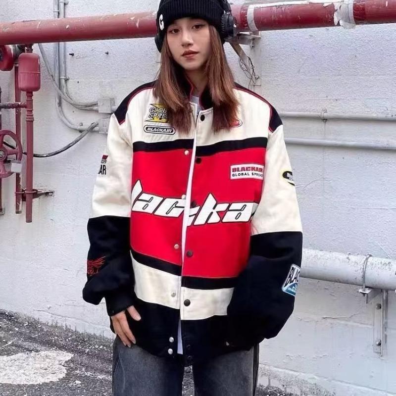 Vintage závodní bunda dámská nadměrná korejská streetová móda motocyklová hip hop bunda barevně sladěná baseballová podzimní zimní