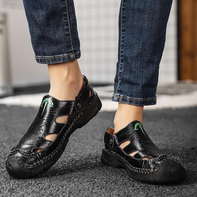 Men's Handmade Leather Sandals Luxury Designer Flat-bottomed Baotou Hollowed-out Leisure Resort Beach Shoes Large Men's Slippers