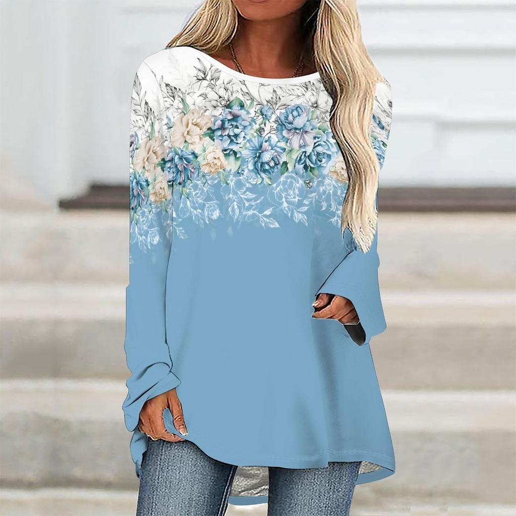 Plus Size Women Spring Floral Printed Comfy Long Sleeve Round Collar T-shirt Casual Baggy Mid Length Tee Tops