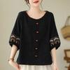 Elegant Cotton Linen Embroidered Loose Short Sleeve T-Shirt for Mom Summer Vintage Women's Tops Crew Neck T-shirt