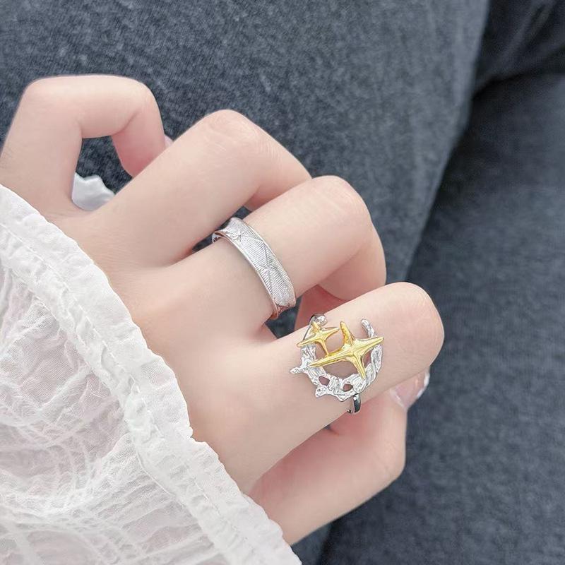 Color Four-Pointed Star, Moon, Star, Open Ring, Light Luxury, Now High-End Index Finger Ring, Stacking, Wearing Personalized Rings, Women
