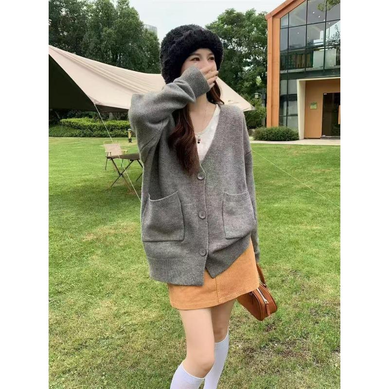 Lazy Wind Loose V-neck Knitted Cardigan Autumn and Winter Solid Color Versatile Cardigan Age-reducing Soft Sweater Jacket Women