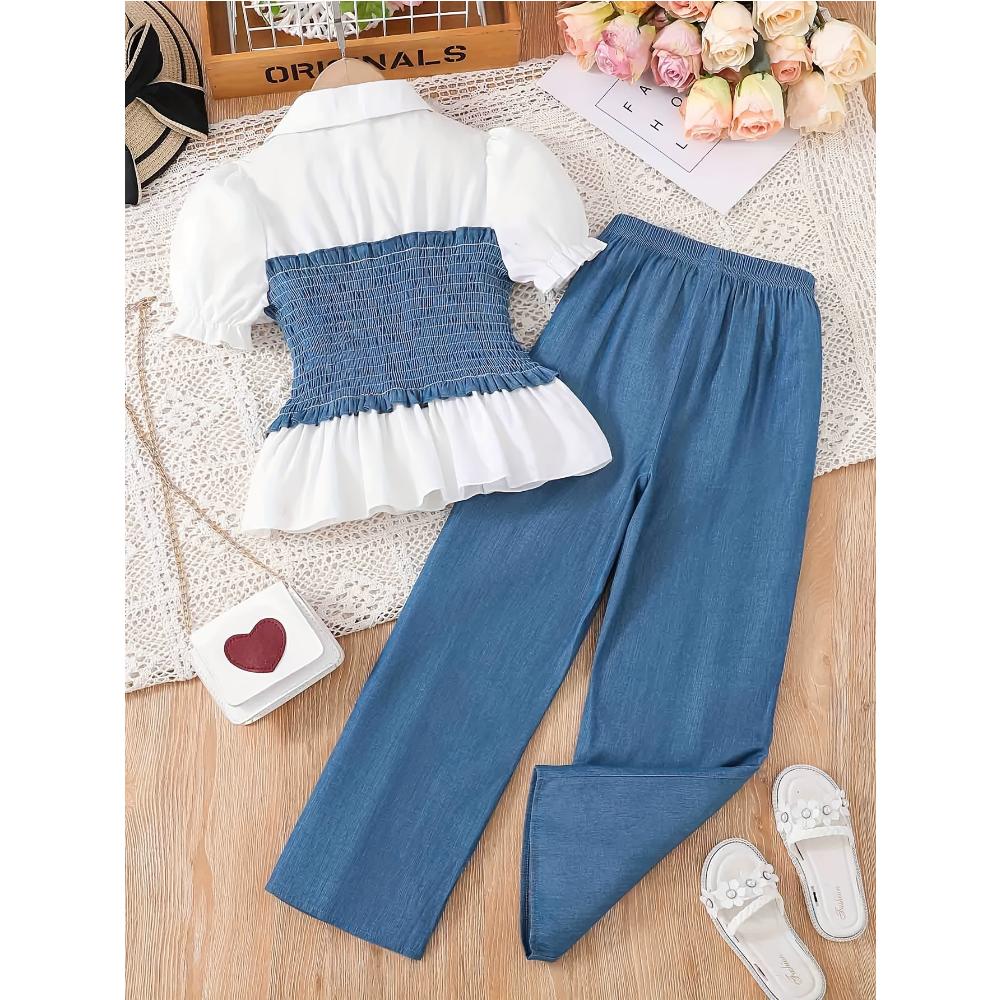 Nowe Letnie Ubrania Dziecięce Modny Zestaw 2-częściowy dla Nastolatek Dziewcząt Bluzka z Krótkim Rękawem + Spodnie z Szerokimi Nogawkami