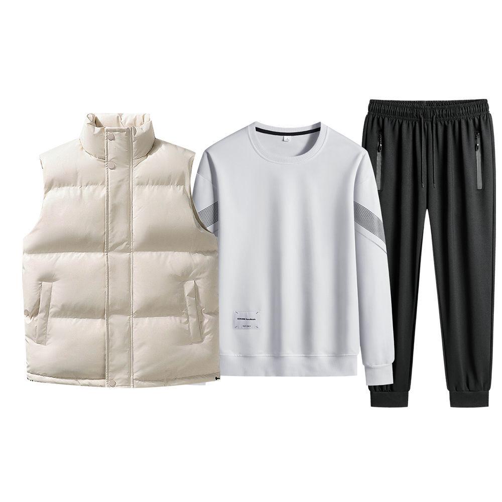 Men's Plus Size Autumn/Winter Three-Piece Casual Sports Vest & Round Neck Sweatshirt Set
