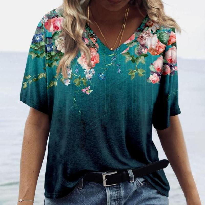 Summer Flower T-Shirts Floral 3D Print Women V-Neck Short Sleeve T Shirt Streetwear Y2K Casual Tees Harajuku Top Female Clothing