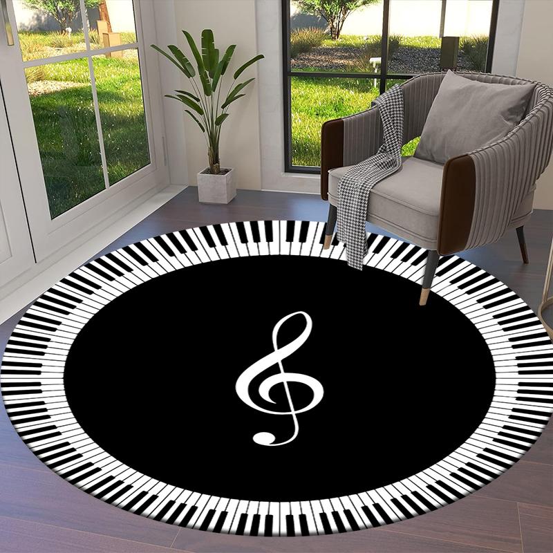 Black and white music keys Round Area Rug,Carpet Rug for Living Room Bedroom Sofa Playroom Decor,Non-slip Floor Mat