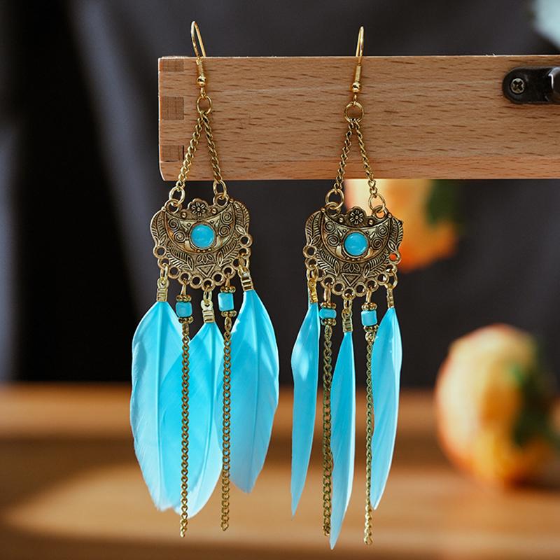 Modische Böhmische Bunte Federohrringe für Damen Ethnischer Stil Lange Geometrische Ohrringe Damen Schmuck Accessoires Geschenk