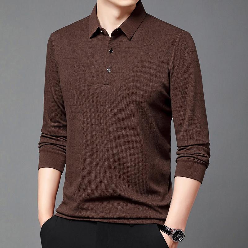 Spring Autumn Polo Shirts Men Business Casual Elastic Polos Solid Color Print Long Sleeve Tees