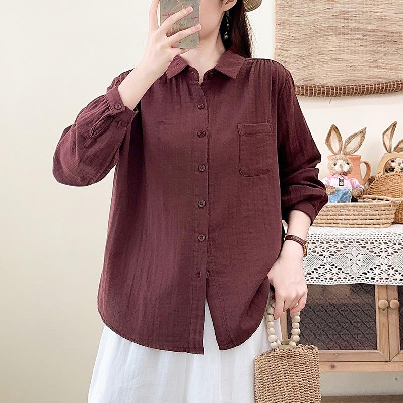 New spring and autumn pure cotton double-layer cotton yarn long-sleeved shirt women's loose and thin temperament casual literary and retro style shirt