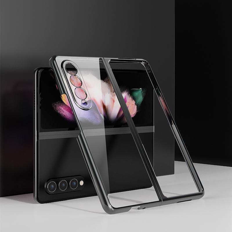 

For Samsung Galaxy Z Fold3 5G Case Electroplating Metal Frame+Tempered Glass Phone Cover Black