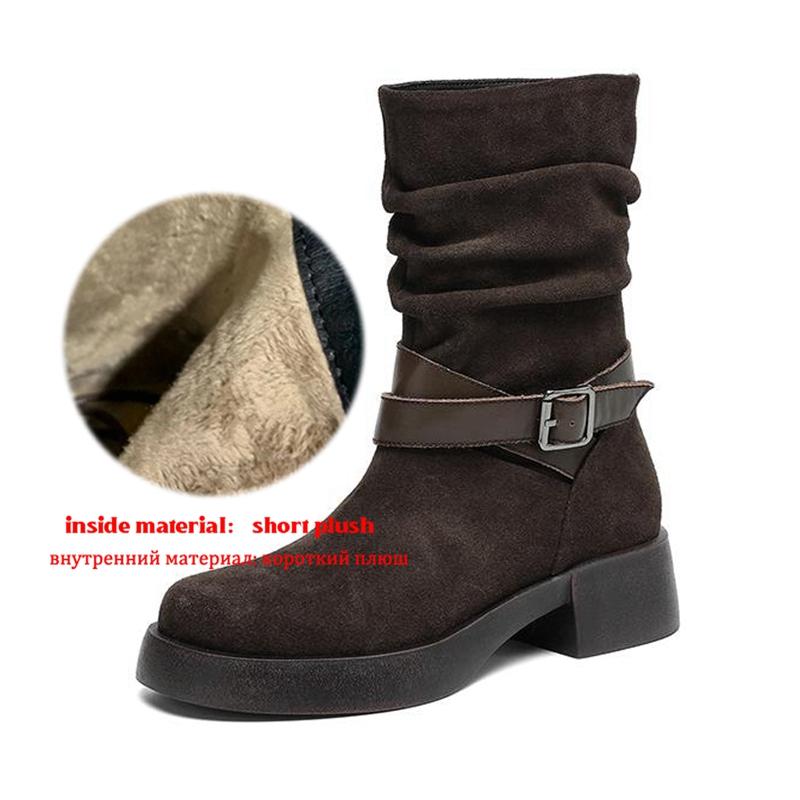 

Krazing Pot Коровья замша нубук зимние с круглым носком современные ботинки средний каблук слипоны плиссированный стиль полусапоги 42