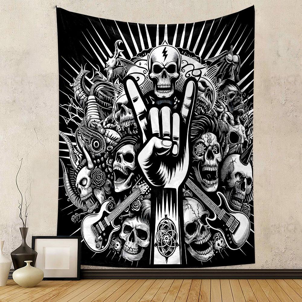 "Rock Hand Gesture with Skull Art" Patterned Tapestry Home Decor, Suitable for Bedroom and Living Room, Gift