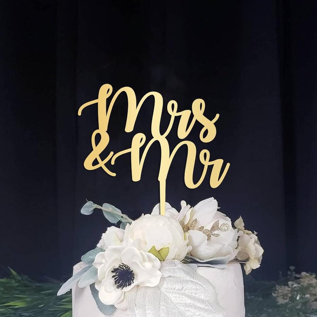 Mrs & Mr Birthday Cake Topper Monogram Acrylic Cupcake Topper Picks Wedding Birthday Cake Bunting Decor Personalized Mirror Gold Cake Accessories for