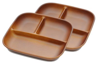 Showa Teller, Geschirr, Mittagsteller, Mehrkammer-Teller, Bruchsicher, Café-Stil, Stilvoll, Mikrowellengeeignet, einteilige Teller mit Holzmaserung (Set aus 2,