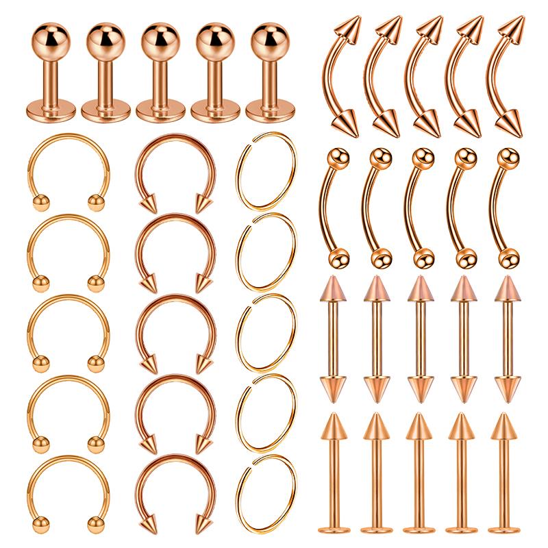 40PCS Surgical Steel Body Piercing Jewelry Lot Bulk Nose Ring Tongue Bar Lot Eyebrow Labret Piercing Set Horseshoe Ring Lot Pack