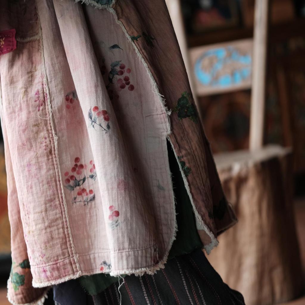 Little Mud Girl Retro Patchwork Robe with Artistic Round Neck