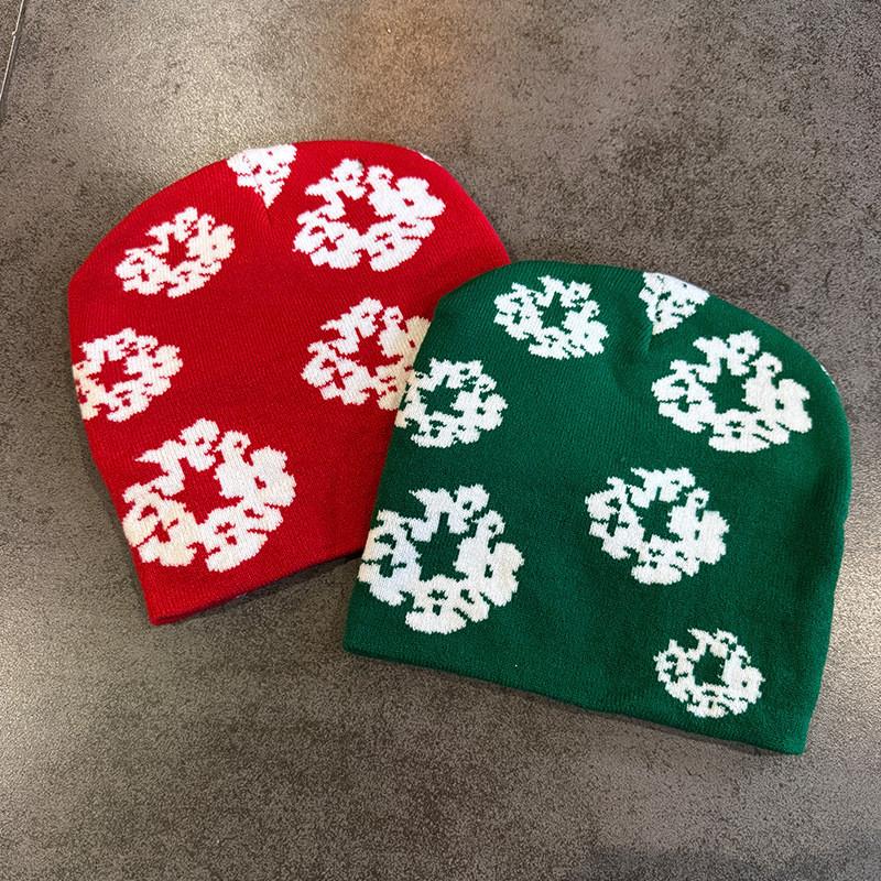 Hat Fashionable Knit With Floral Print And Warmth Function For Cold Use Seasons